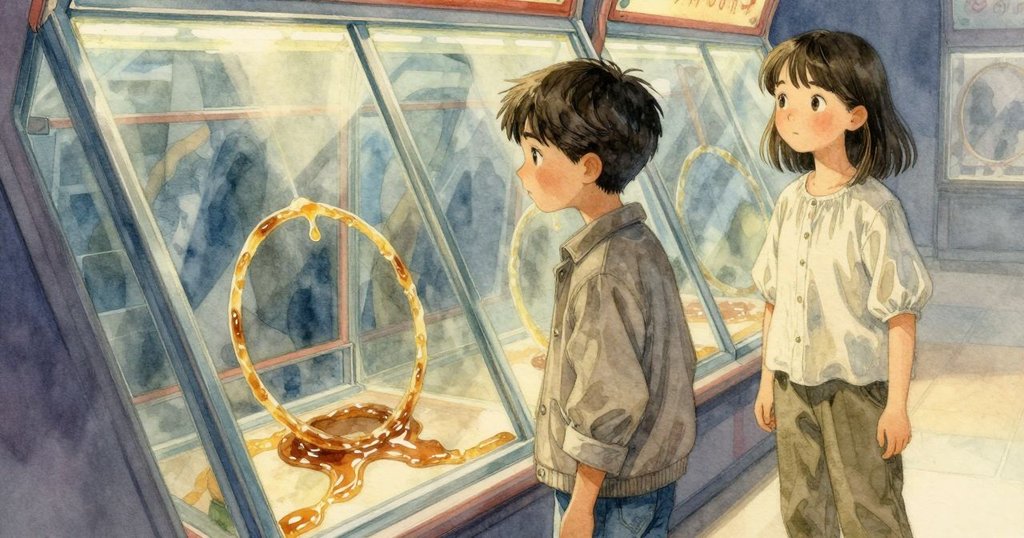 糖漿圈在玻璃上蔓延,光影交錯中顯現出奇幻幾何,藍鳥玩偶邊緣隱約透出神秘感