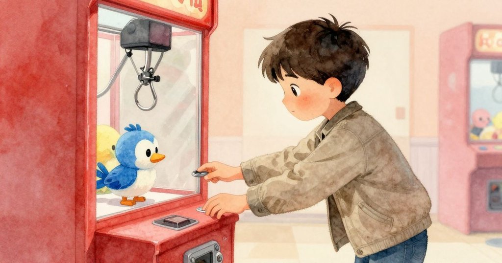 Cyrus 小心操作抓娃娃機,降下機械爪取出藍鳥玩偶,臉上洋溢著驚喜與溫暖光線映照