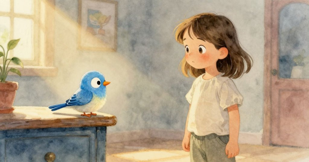 藍鳥玩偶安放於櫃邊,Colette 溫柔注視,拱廊全景展現光影與寧靜結局的溫馨氣氛