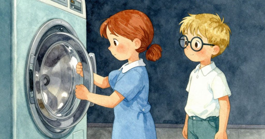 從露絲琳視角看投幣機構，洗衣機內部旋轉與投幣交互，機械動作與柔和燈光營造神秘氛圍