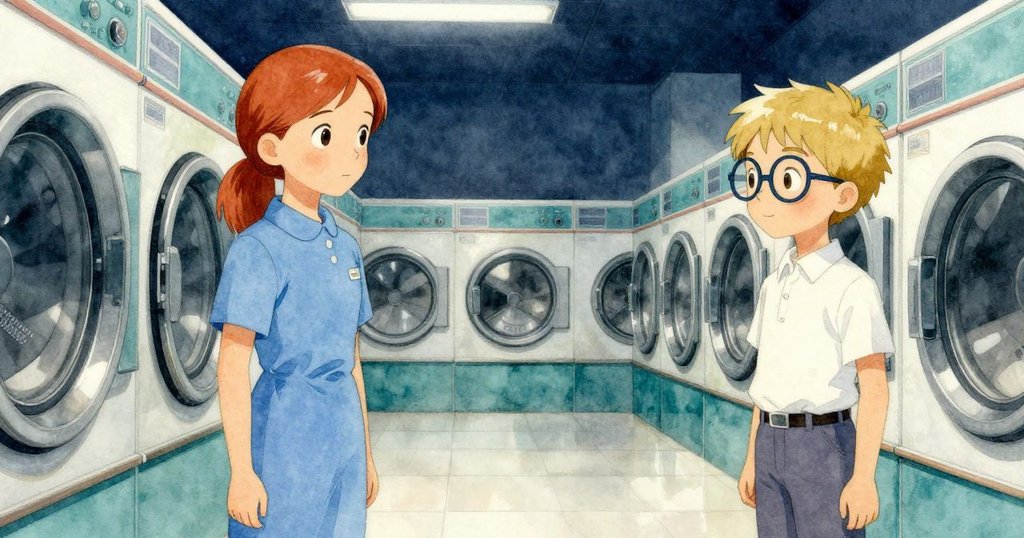 洗衣店內部轉變成超現實空間，多個旋轉滾筒與重疊倒影創造出不可能幾何，呈現夢幻與神秘的感覺