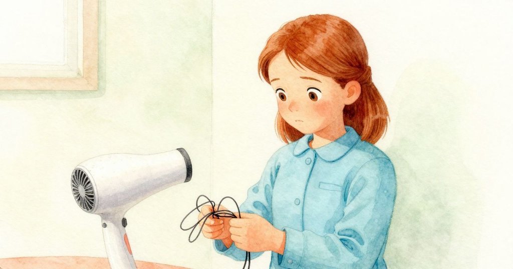 洗衣機循環結束後，露絲琳安靜地清理受損耳機線，旁邊烘乾機穩定運作，充滿思索與釋然的情緒