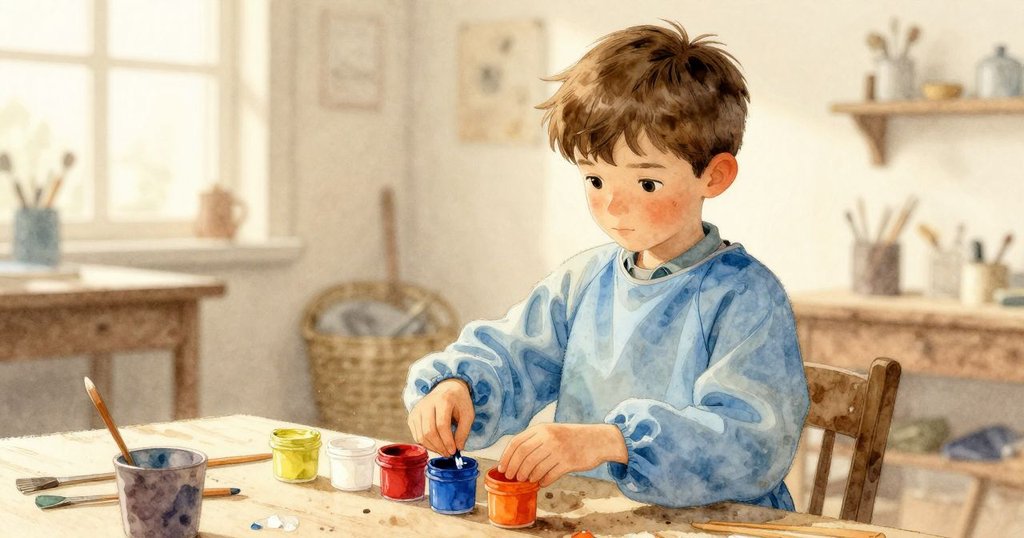 拉法瑞在工作室中傾斜構圖排列顏料杯,神情專注,窗外透入暖光,營造微妙的不安氛圍