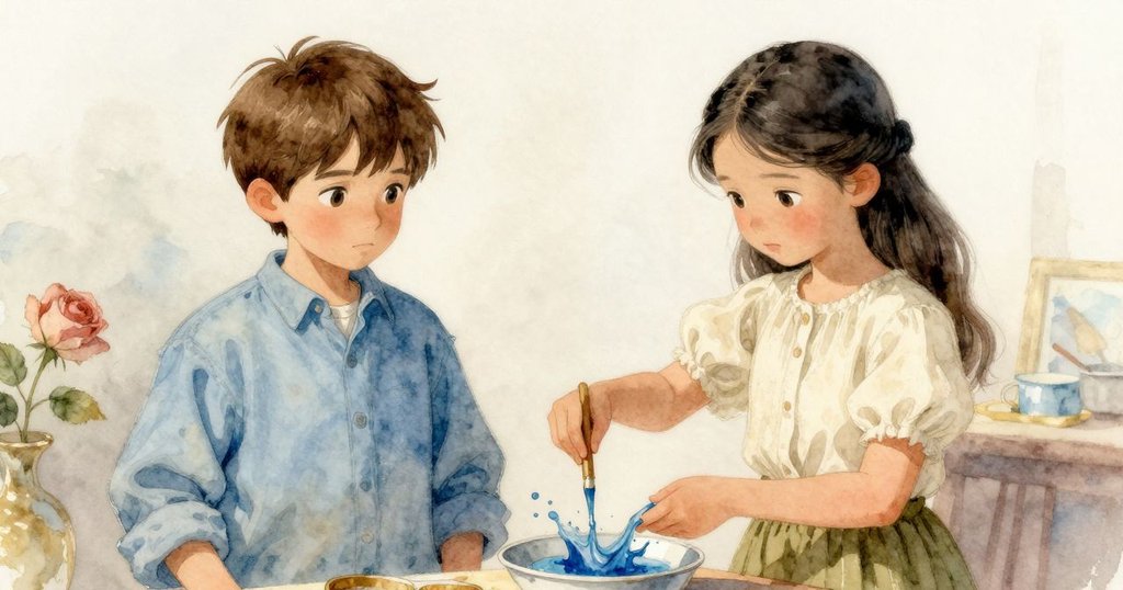 拉法瑞動作有序攪拌藍色顏料,芬娜在旁細心記錄,兩人對比動作顯現創作初衷,光線柔和