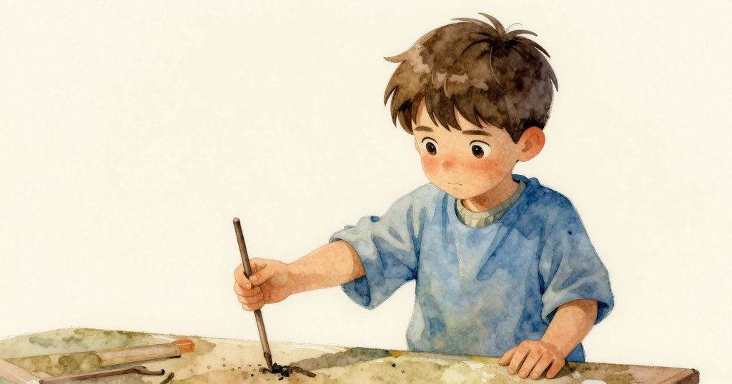 拉法瑞從低角度被拍,專注伸手取一根尖棍,桌上散落藝術用品,氣氛中充滿創造緊張感