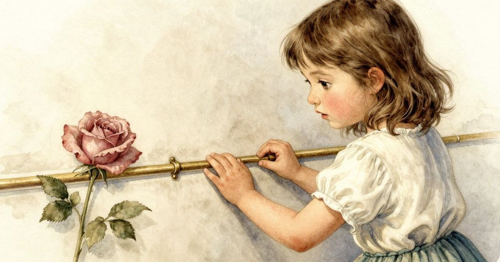 從背影看Gemma用拇指輕觸欄杆焊縫，畫面聚焦金屬質感與細緻動作，情感內斂。