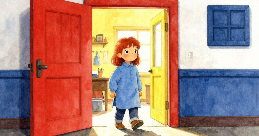 哈雷站在漆室門口，光線透進來，表情充滿好奇與靜謐，背景有完成的盒子與木質細節