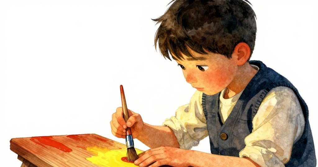 韋德專注操作筆刷，手部特寫展現流動的光漆效果，木材紋理細膩，氛圍溫暖