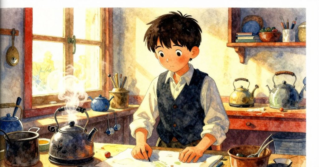 工作室內北窗反射強光，蒸氣籠罩的水壺營造出明亮轉變的氣氛，背景細節豐富