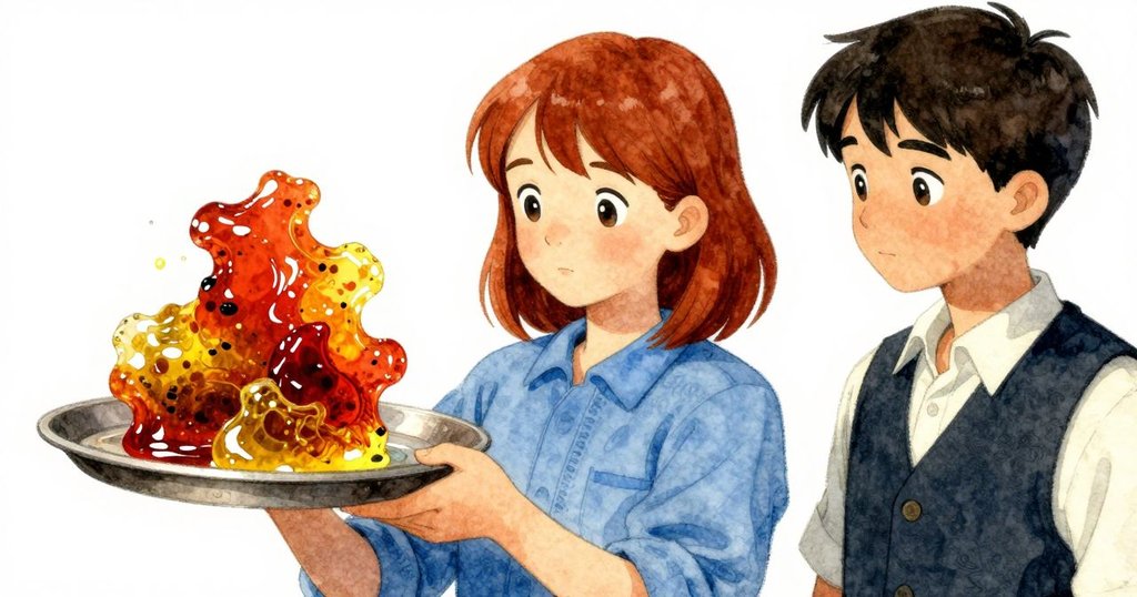 工具桌上樹脂與水溢出形成微妙震顫，哈雷專注磨砂，韋德微抬眉毛，捕捉創作變化瞬間