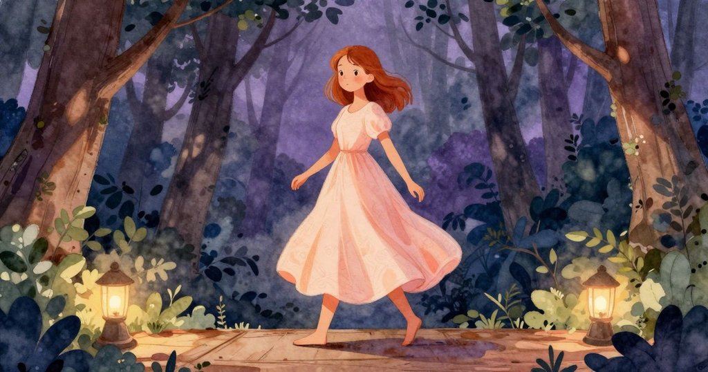 奧黛特跨入木製鼓台，踏離石徑進入樹林，燈光與影子營造強烈對比，神情堅定