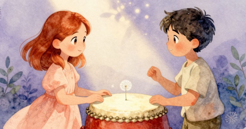 奧黛特與亨瑞克凝視著鼓面核心，蒲公英籽輕落其上，象徵寧靜轉化的神聖一刻