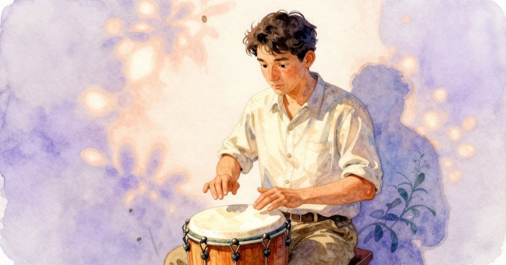 亨瑞克站於中鼓後方練習擊打，鼓面反射出其動作，展現樂音與動作間的和諧