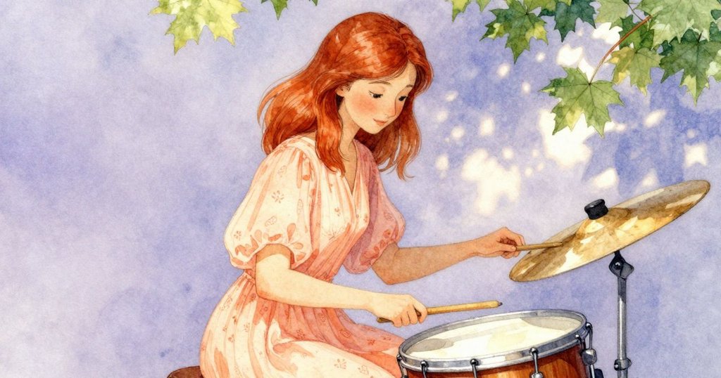 奧黛特專注調整鼓繩間的楓木楔子，眼神透出溫馨記憶，細膩呈現過往與當下交織