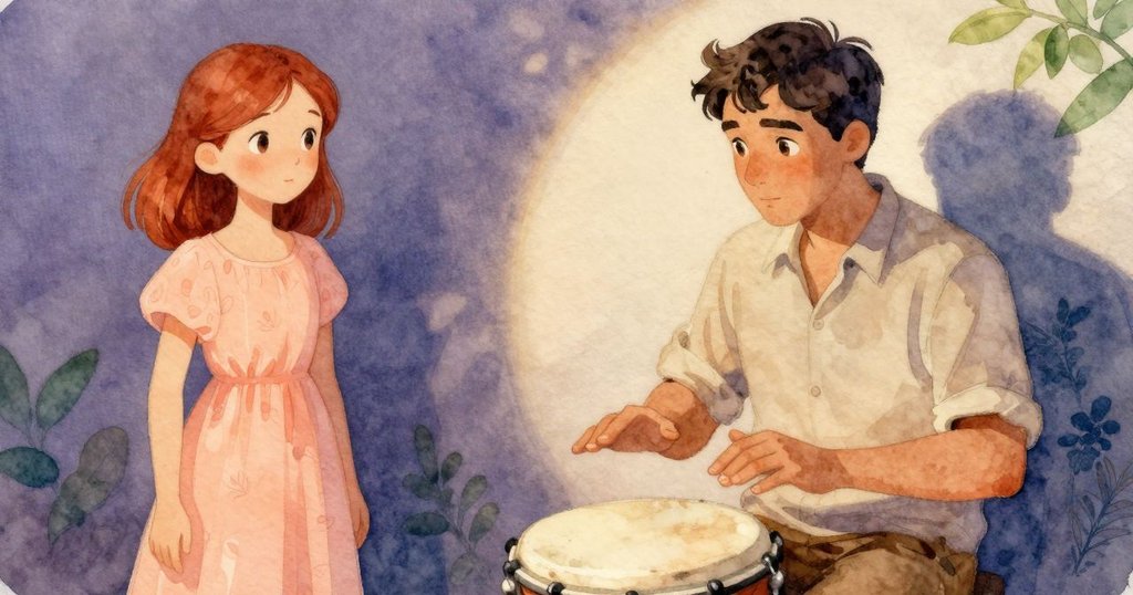 亨瑞克專注擊打鼓面，眉梢間流露出決心，與奧黛特默契對望，捕捉轉折瞬間