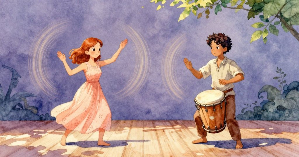 奧黛特與亨瑞克同時敲擊鼓樂，平台上鼓點交織，動態場景展現節奏共鳴與開放式結局