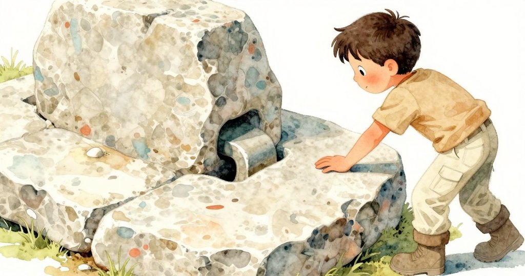 Wade 的手輕觸石板,揭示隱藏的石灰石槓桿,細節豐富,展現考古發現的瞬間。