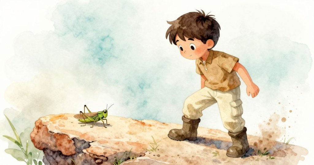 Wade 停下腳步注視沙石上落下的綠色蝗蟲,微風吹拂,塵埃飛舞,現場充滿溫暖與動感。