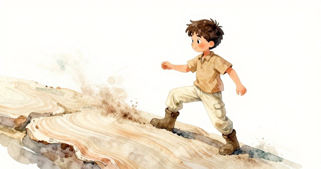 Wade 揮動畫筆在石板上留下動態筆觸,塵埃隨之飄散,展現微型地層變化,氣氛生動。