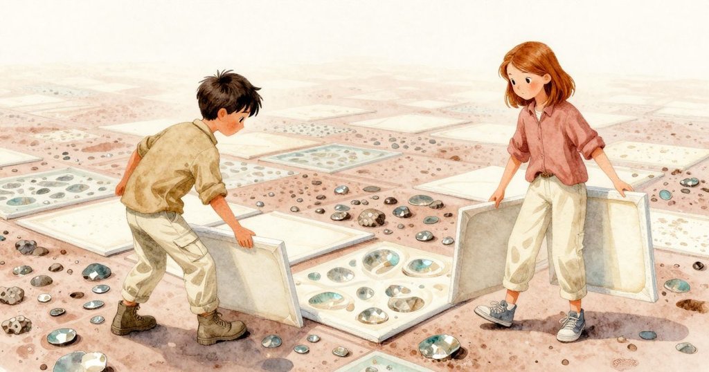 Wade 與 Opal 收起畫布離開石網格,化石在晨光下微光閃爍,兩人表情寧靜,引人深思。