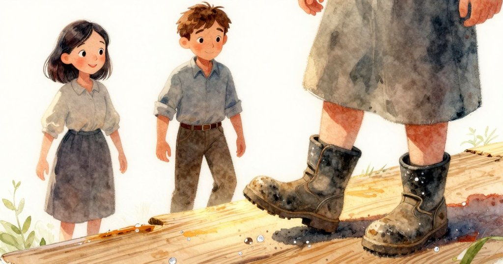 Tobin的靴子踏在橡木地板上,粉碎的石英在晨光下閃爍,展示細膩步伐與質感。