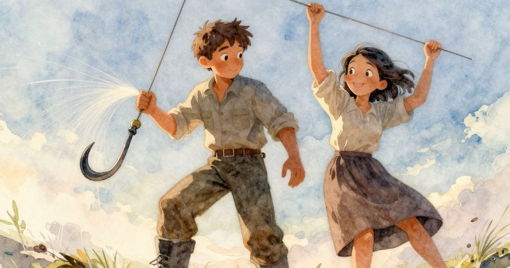 彎曲視角呈現空掛勾與閃爍纖維,Tobin專注操作,光影交錯中展現奇妙動感。