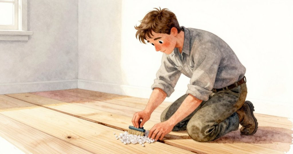 Tobin跪在橡木地板前,輕撥閃爍石英露出新割痕,柔和光線從門口灑入,過渡感強烈。