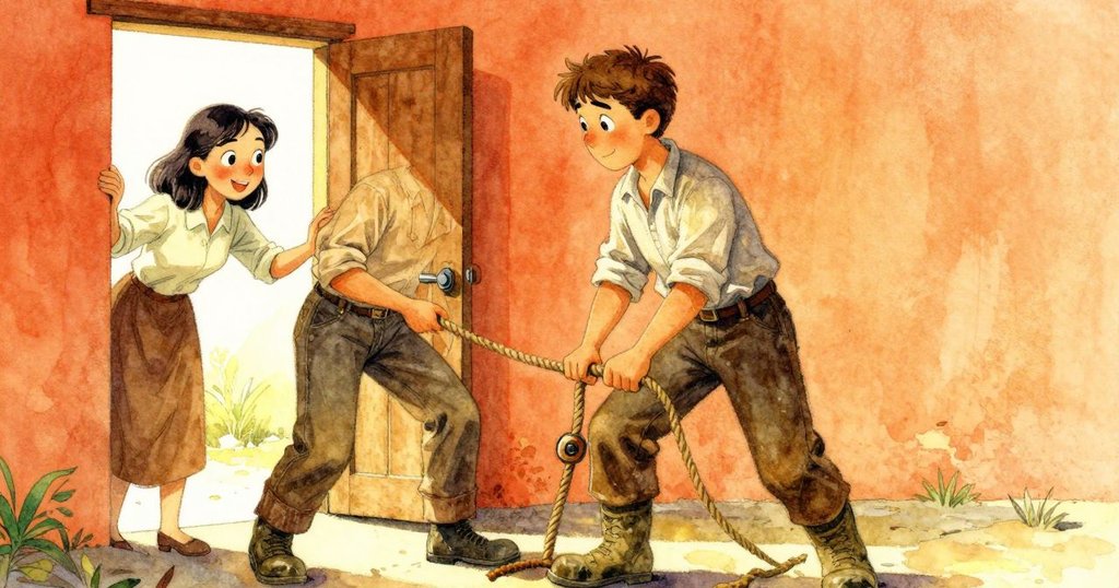 Tobin專注操作繩機,Roslyn從明亮門口熱情呼喊,兩人互動充滿默契與溫暖。