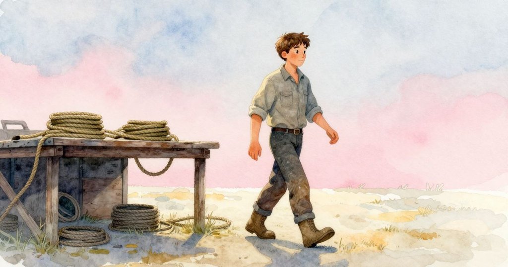 Tobin背向遠方緩步離開,桌上不均繭狀繩圈在餘輝中閃爍,整個空間瀰漫著沉思與希望。