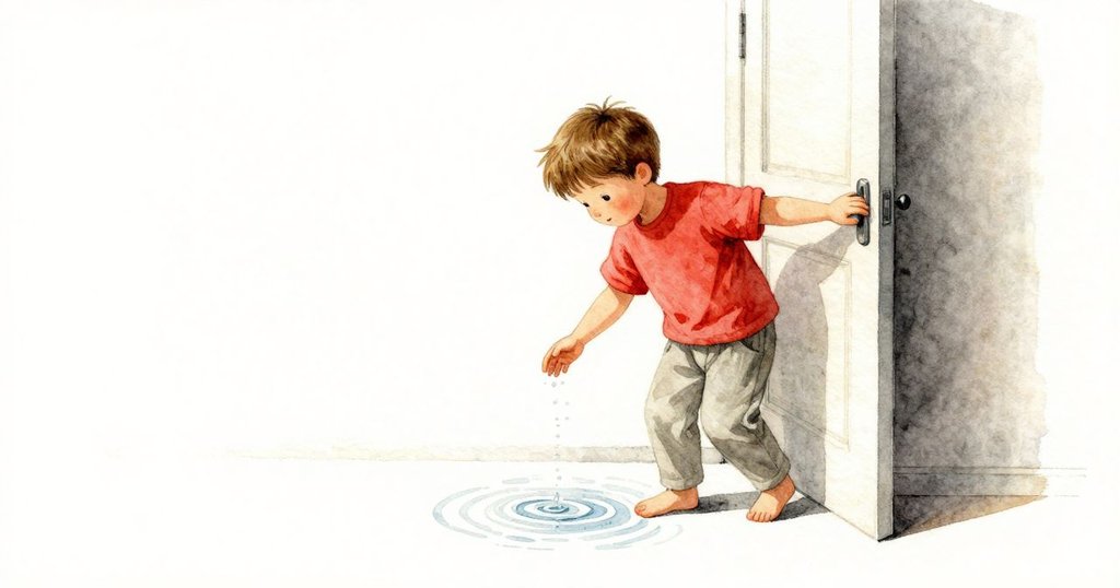 路克從門口走進房間,暖光映出他的輪廓,他的袖子輕觸水盤激起紙面波紋,展現和諧過渡