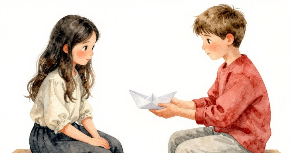 馬倫與路克溫柔合握著濕潤折紙船,紙船在柔和燈光下閃著光澤,象徵著共同創作完成的心意與故事