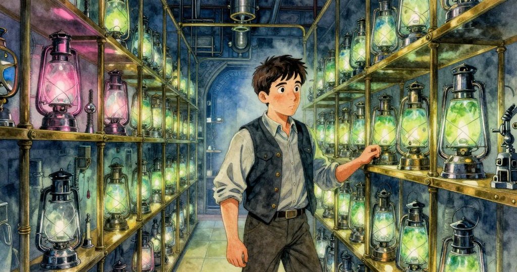 Graeme在燈籠房內站在銅架旁,注視緩慢運轉的機械裝置,房間充滿神秘氛圍,神情平靜