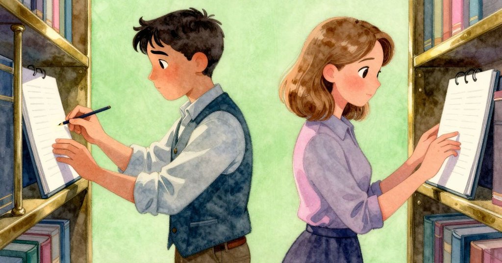 Eve輕柔操作紙冊放置於銅架上,紙面反射出彩光,Graeme在旁注視,情緒專注而複雜