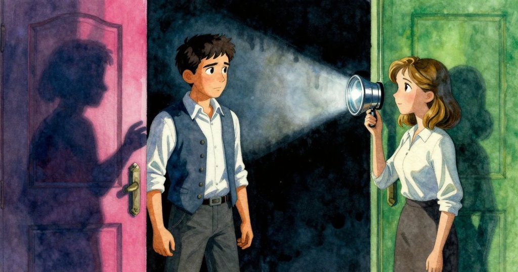 Graeme與Eve從門口凝視閃爍中斷的鏡頭運作,燈光與陰影交錯,兩人神情中流露出神秘與疑慮