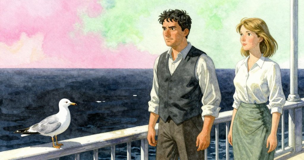 窗外海鷗於滿是鹽跡的鐵欄上輕快行走,背景為幽暗海面,動態感受風中瞬間舞蹈