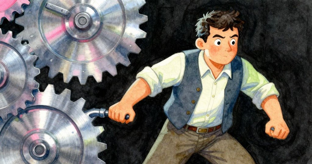 Graeme專注調整轉把,周圍齒輪急速運動,空缺支架一絲不變,他神情堅定,呈現緊湊動態