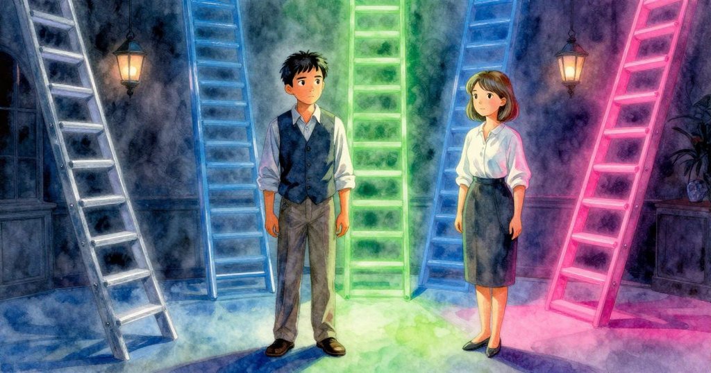 Graeme與Eve在燈籠房內並肩而立,彩光瀉落拱形天花板上,機械運轉穩定, 氣氛寧靜而溫暖