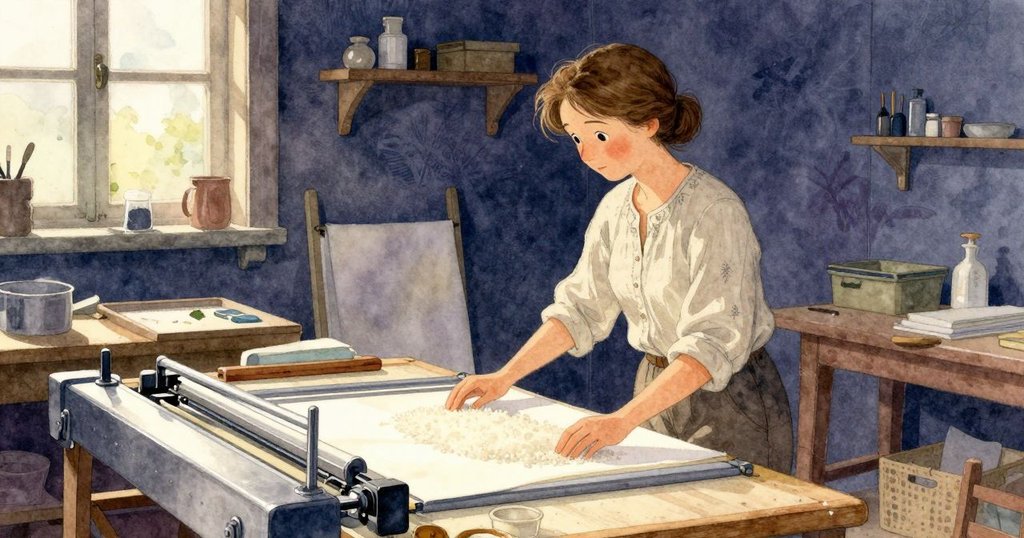 Maeve在印刷工作室中認真排列米紙,窗外十一月的陽光灑落,營造出溫暖且有序的環境,展現開篇情境。