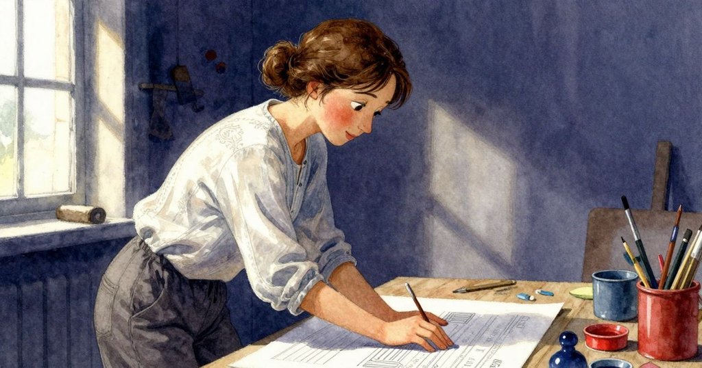 Maeve在印刷台旁輕敲標記,細看地板上驟現的一根貓毛,神情中透露著疑惑,營造出故事發展的轉折。