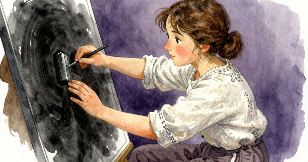 Maeve的手在玻璃桌上輕壓墨汁,近拍展現工具與墨汁的細節,散發出專注與期待的氛圍。