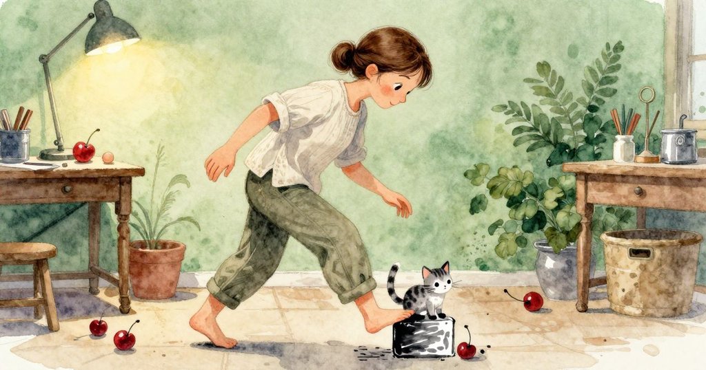 貓咪輕步回到印刷桌上,在櫻木印刷塊上留下一個乾淨的腳印,Maeve見狀露出溫柔的愉悅,燈光柔和。