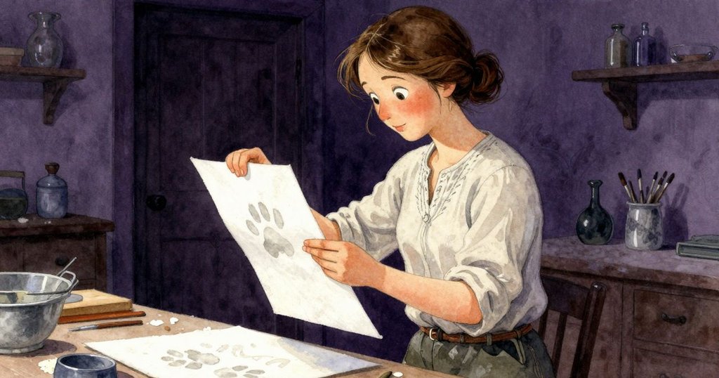 Maeve輕輕移開印有貓爪痕跡的紙張,神情沉思,室內柔和燈光映照著古色古香的印刷桌,展現出轉折時刻。