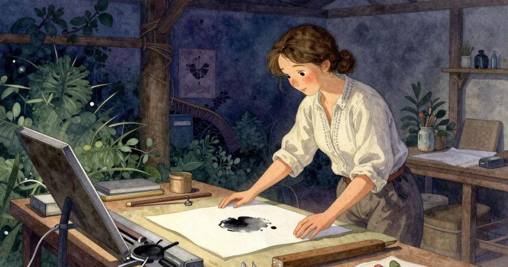 Maeve小心翼翼地將新米紙放在墨痕旁,廣角呈現印刷桌全景,柔和光影中蘊含著寧靜與繼續前行的決心。