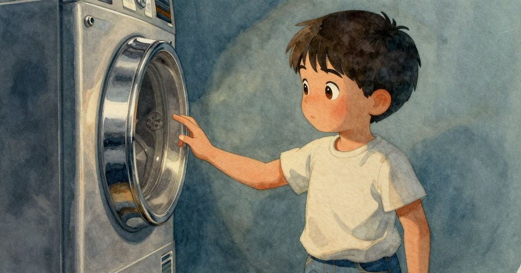 格瑞在洗衣房中靠近靜默乾衣機門的把手，手勢猶豫，燈光交融顯露細膩情感