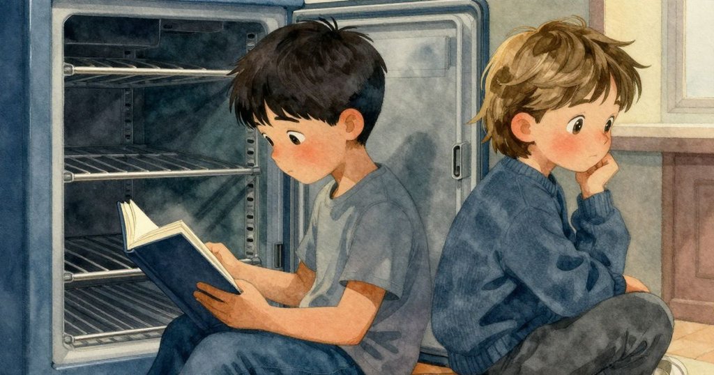 格瑞與阿拉里克在洗衣房內互動，格瑞注視乾衣機，阿拉里克閱讀紙本書，燈光柔和，層次分明