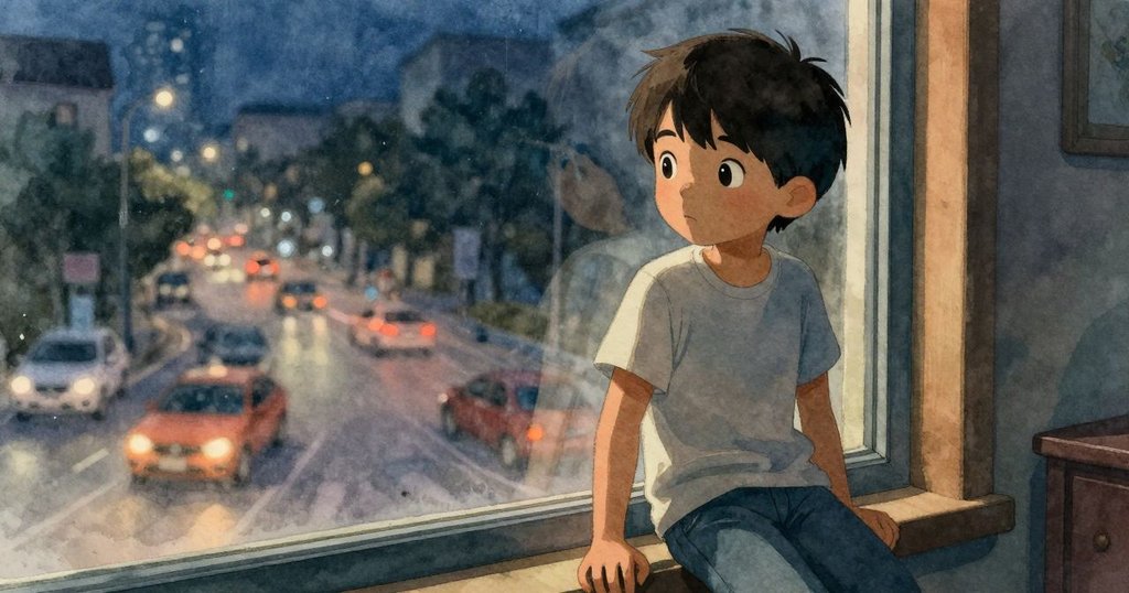 格瑞靠近霧氣蒙蒙之窗向外凝視，窗外模糊車流與蒸氣交織，室內溫暖平靜