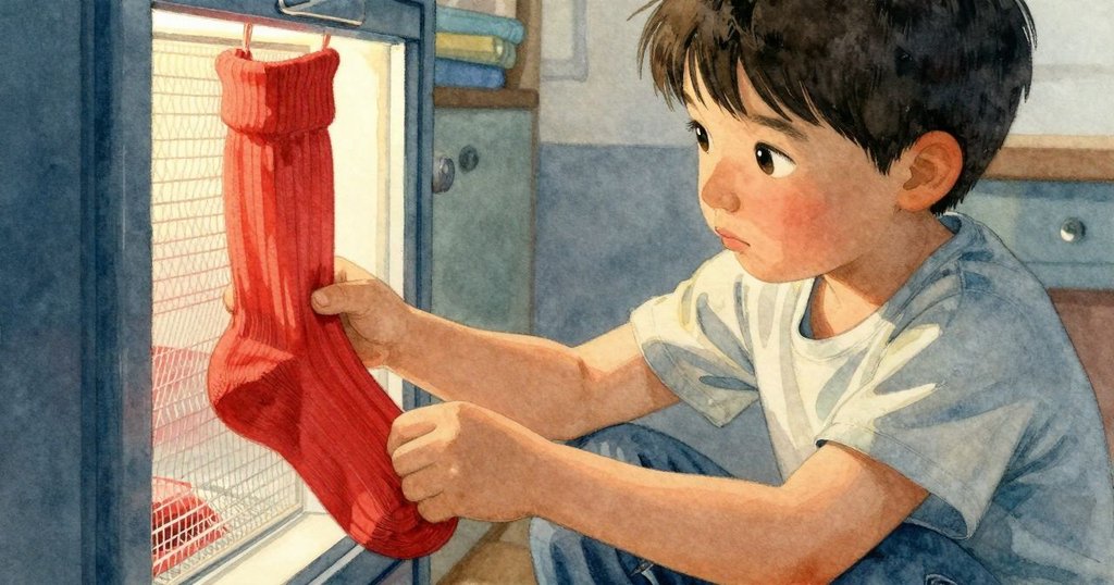 格瑞小心翼翼從絮狀篩網中取出紅色襪子，臉上顯露驚喜與欣慰，畫面細膩溫暖