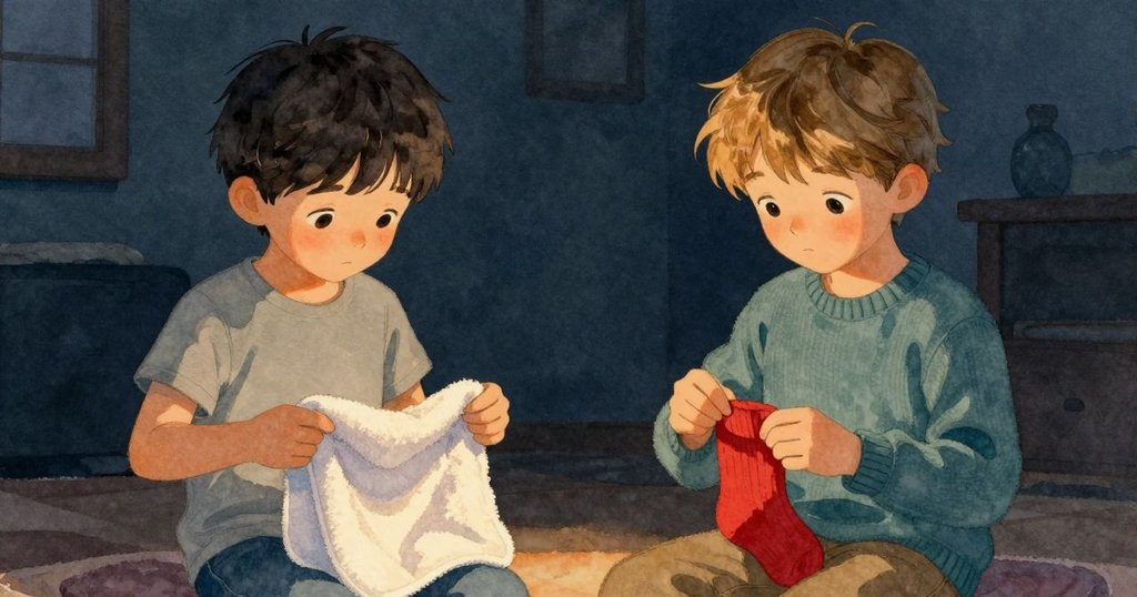 格瑞與阿拉里克在洗衣房內協作，阿拉里克摺毛巾，格瑞欣慰觀看紅襪，蒸氣輕繞呈現溫馨延續