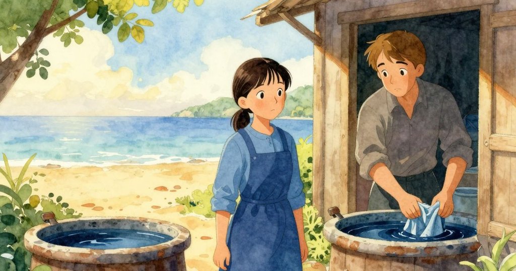 Viola 在高門口靜靜注視 Padget 用木夾子將淡布放入藍缸,背景中海邊繁忙場景映襯內心平靜。