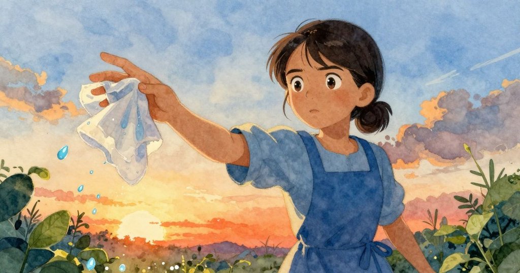 Viola 努力提起濕重布料,藍色水滴四濺,變形視角增添動感與堅定表情,呈現內心掙扎。